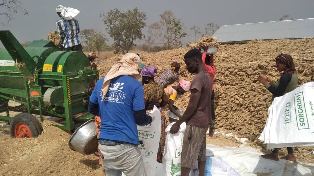 The bagging team preparing sacks for distribution