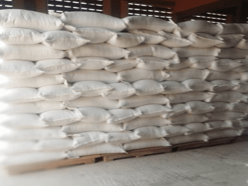 Bagged grain stacked in the warehouse
